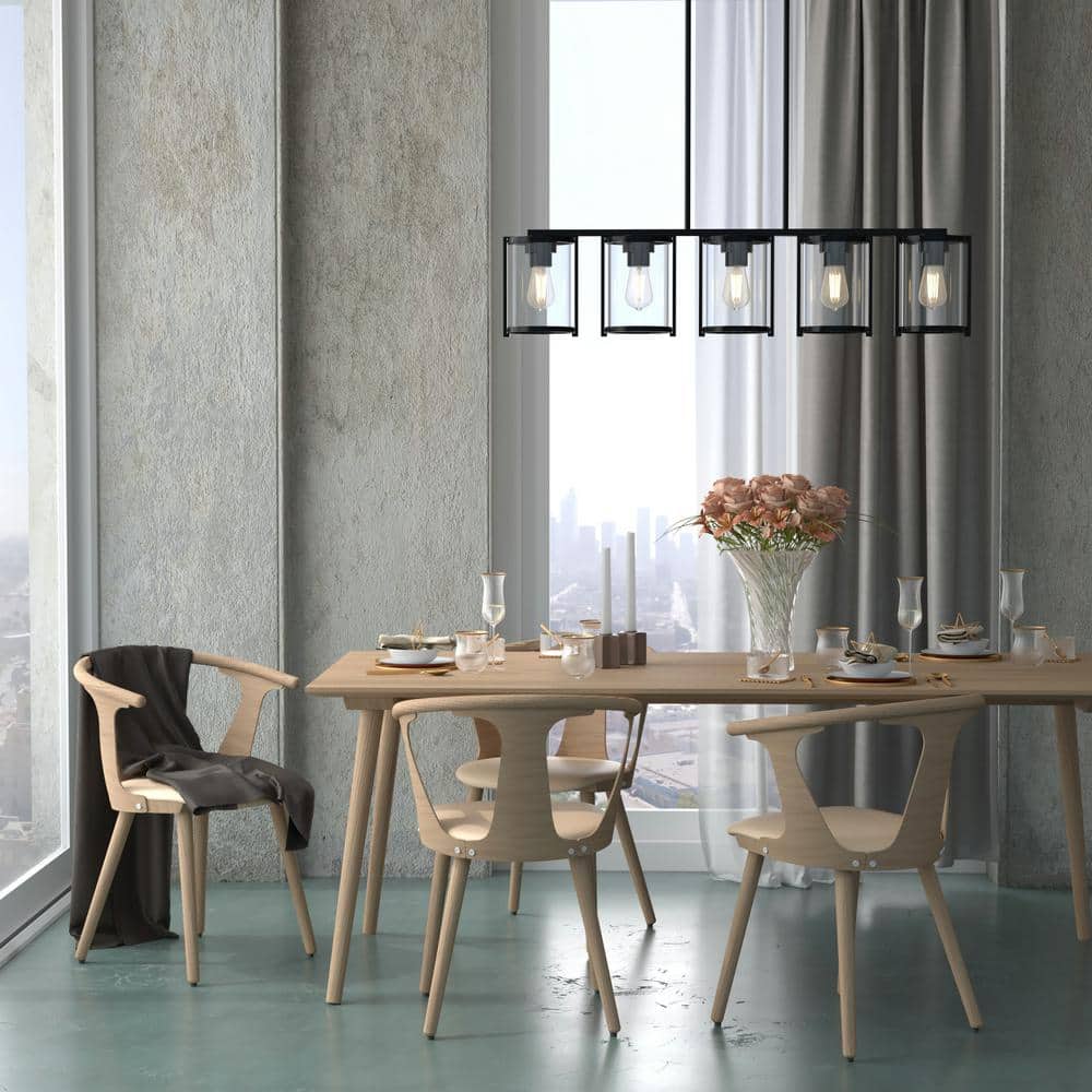 Matte Black Linear Chandelier with Clear Glass Shades