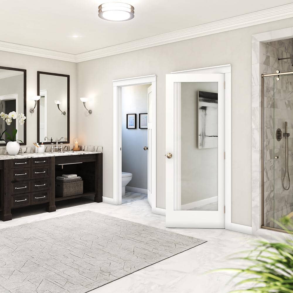 Primed White Solid Core Pine Wood Slab Door with Clear Glass