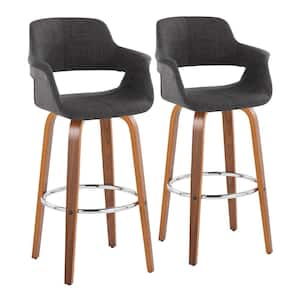 Vintage Flair 29.25 in. Charcoal Fabric, Walnut Wood and Chrome Metal Fixed-Height Bar Stool Round Footrest (Set of 2)