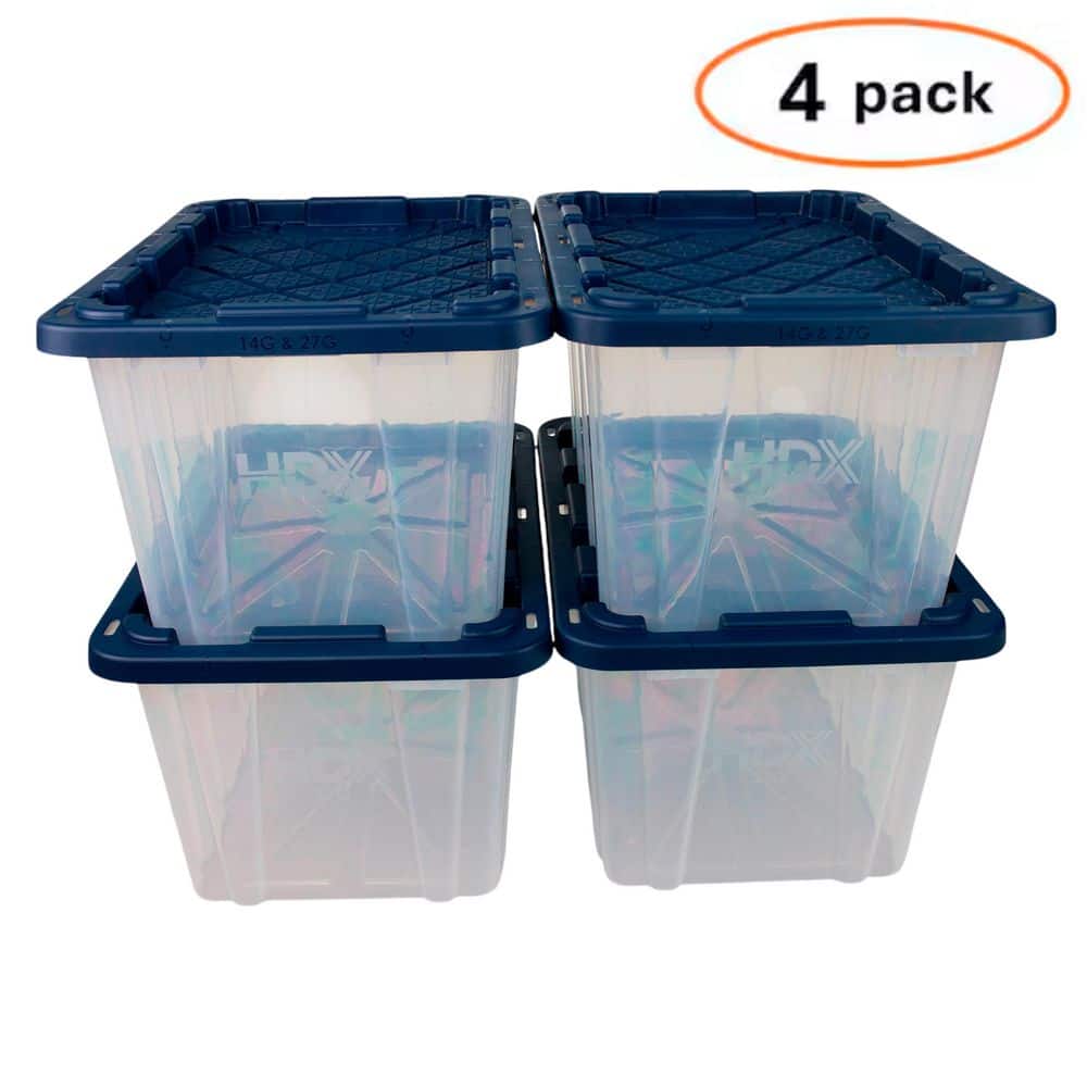 HDX 27-Gal. Heavy Duty Clear Blue Storage Totes with Lids - Stackable, Water-Resistant (4-Pack) 999-HDX-274122C