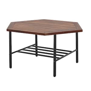 Dark Brown Hexagon Acacia Wood and Metal Outdoor Coffee Table with Lower Shelf