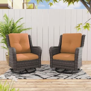 Wicker Outdoor Rocking Chair Patio Swivel with Orange Cushions (2-Pack)