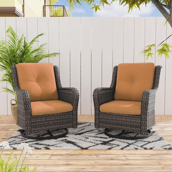 JOYSIDE Wicker Outdoor Rocking Chair Patio Swivel with Orange Cushions (2-Pack)