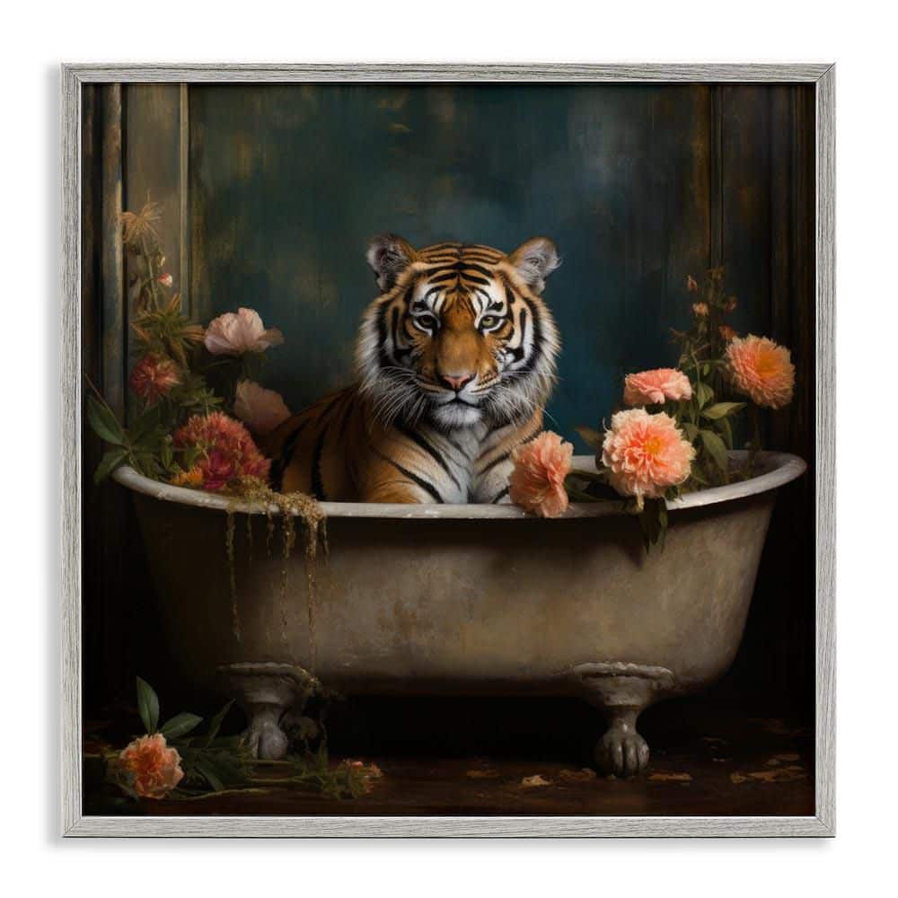 Tiger in Floral Bathtub by Lazar Studio Gray Framed Giclee Art Print Animal 24 in. x 24 in. price history on PriceWatchPro