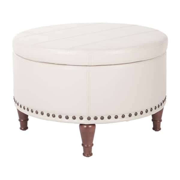 OSP Home Furnishings Alloway Cream Faux Leather with Antique Bronze Nail-Heads Storage Ottoman
