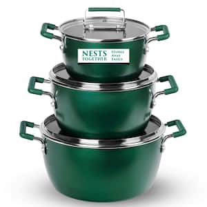 Emerald Green 6-Piece Aluminum Ultra-Durable Nonstick Diamond and Mineral Infused Coating Nesting Pots Set