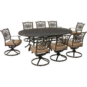 Traditions 9-Piece Aluminum Outdoor Dining Set with Tan Cushions, 8 Swivel Rockers and Oval Cast-Top Table