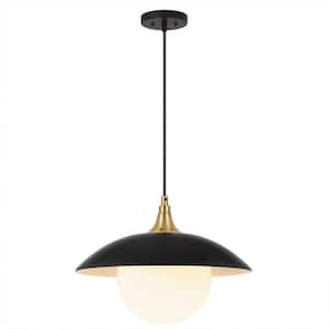 Alvia 14.5 in. 1-Light Modern Matte Black and White Brass Pendant with Metal/Glass Shade