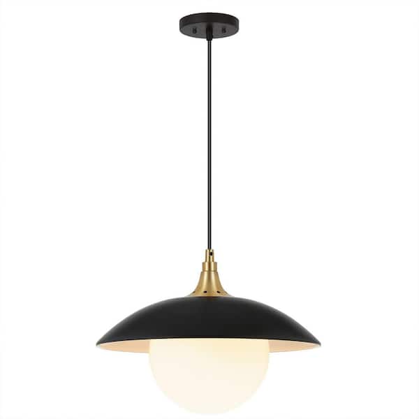 Meyer&Cross Alvia 14.5 in. 1-Light Modern Matte Black and White Brass Pendant with Metal/Glass Shade