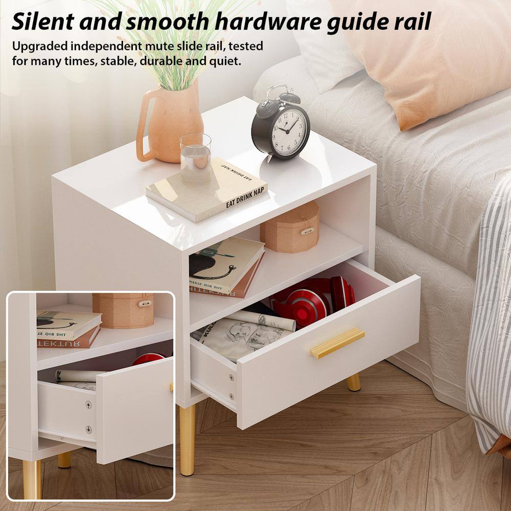 White Particle Board Nightstand with Drawer and Open Compartment