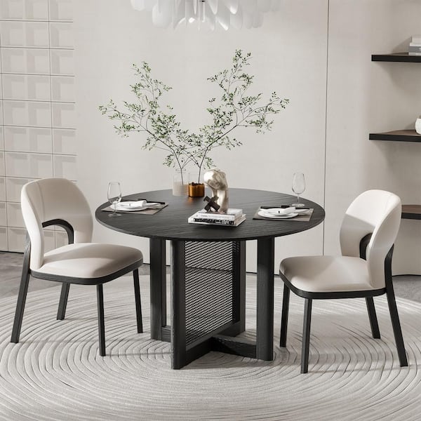 Dovelina Cinna Modern Round Black Wood Top 46 in. Cross Leg Dining Table Seats 4