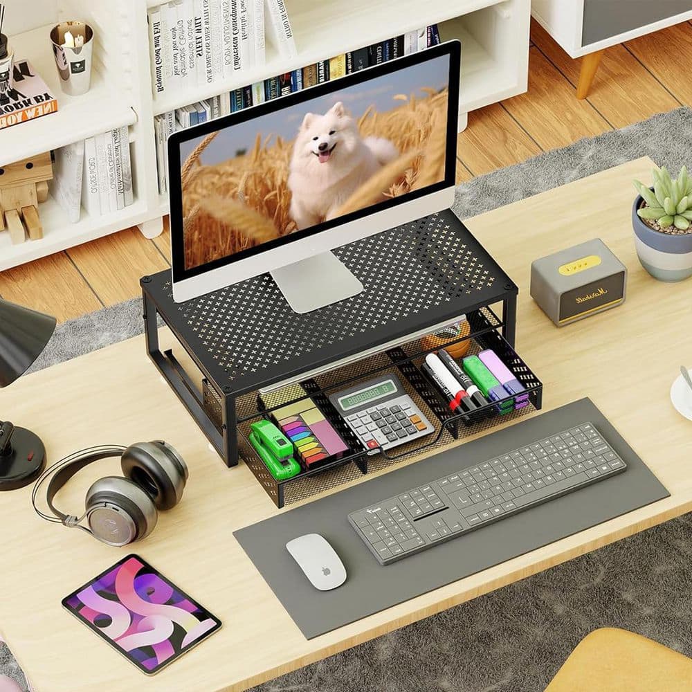 Organizing Stand Black 16 in. x 6.3 in. Metal Modern Desk Organizer Stand with Drawer ...