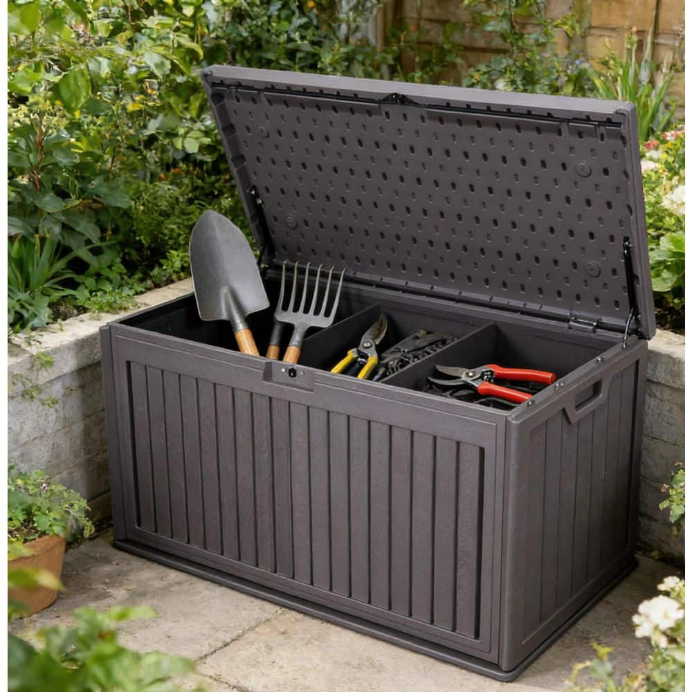 Brown 100 Gal. Waterproof Plastic Deck Box, Lockable Patio Storage Box with Handles for Patio Cushions, Garden Tools