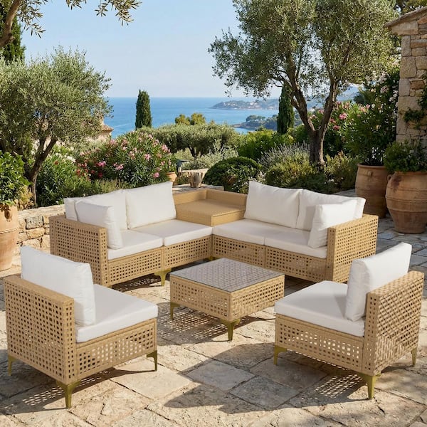8-Piece Yellow Wicker Outdoor Sofa Sectional Set Conversation Set with Beige Cushion, Storage Side Table, Glass Table