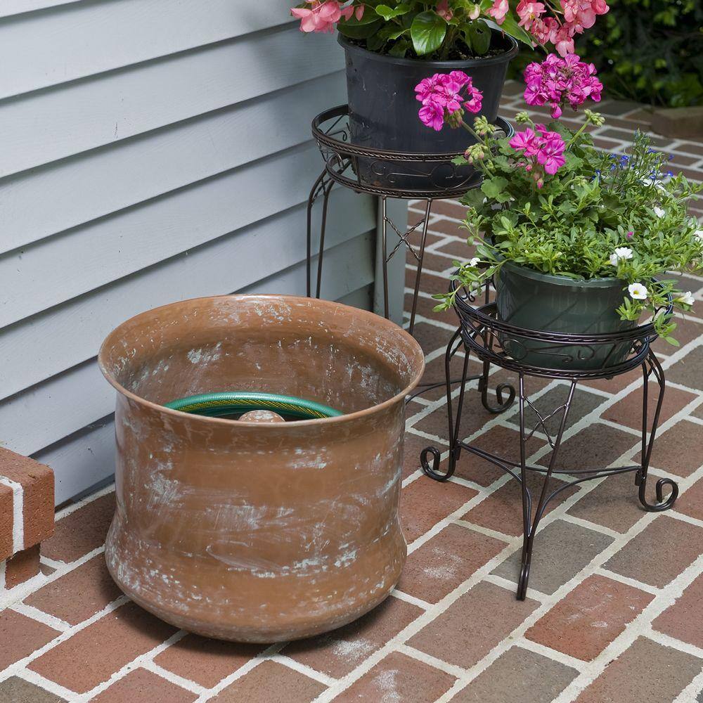 Copper Finish Cylinder Garden Hose Holder with Patina