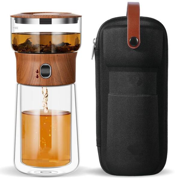 1-Cup Brown Glass Infuser Teapot, 2-in-1 One Touch Tea Maker for Loose Leaf Tea with Insulated Mug and Portable Case