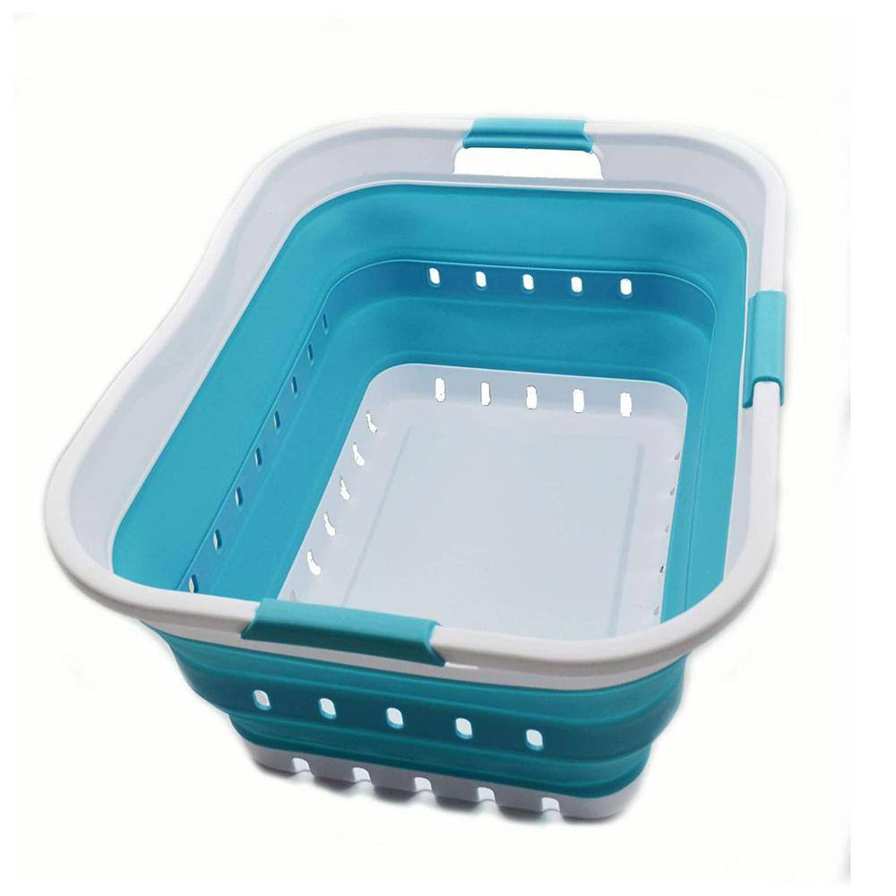 Light Blue Collapsible Plastic Laundry Basket with Cut-out Handles 42 ...