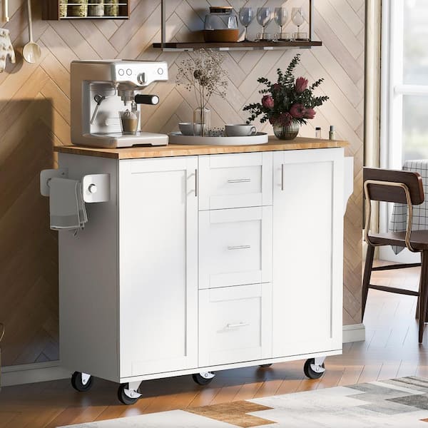 Staykiwi White Rubberwood Kitchen Cart with Internal Storage Rack, Spice Rack, 2- Slide-Out Shelf and 3 Drawers