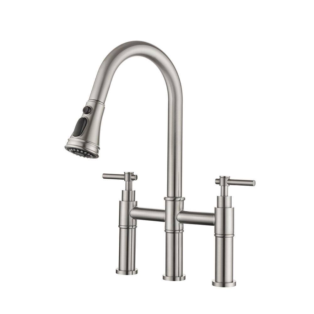 WELLFOR Double Handle Bridge Kitchen Faucet with Pull down Sprayhead in