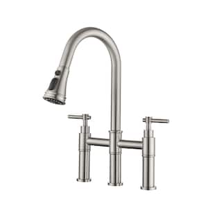 Double Handle Bridge Kitchen Faucet with Pull down Sprayhead in Brushed Stainless Steel
