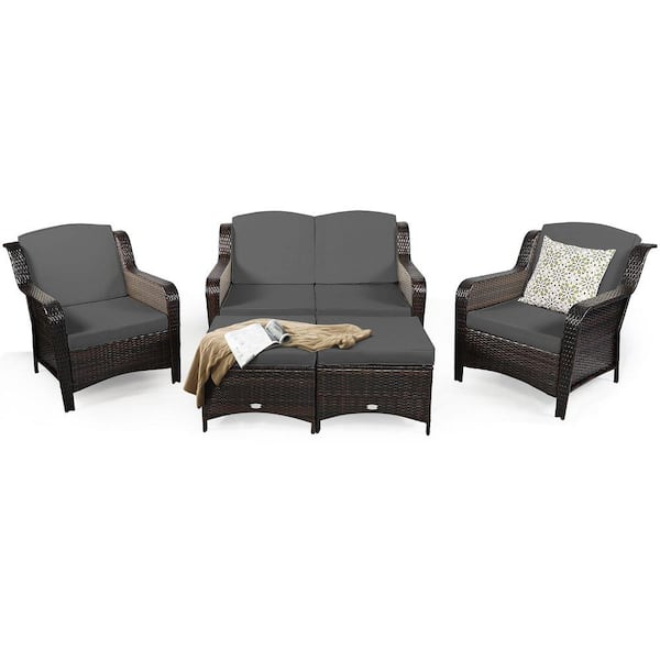 5-Pieces Rattan Patio Conversation Sofa Furniture Set Outdoor with Grey Cushions