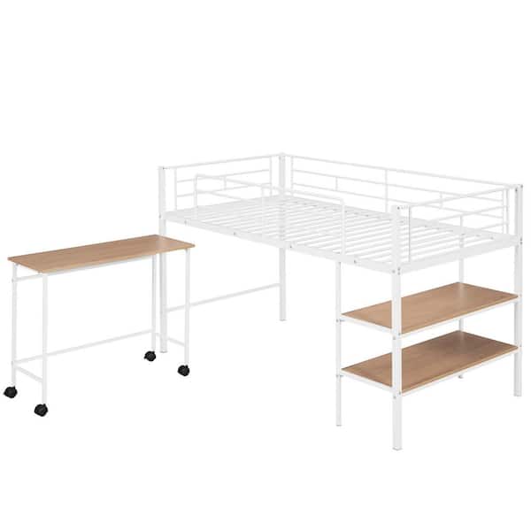 URTR White Twin Size Metal Loft Bed with Rolling Desk and Shelves, Low Loft Bed Frame With Ladder for Kids Bedroom, Dorm