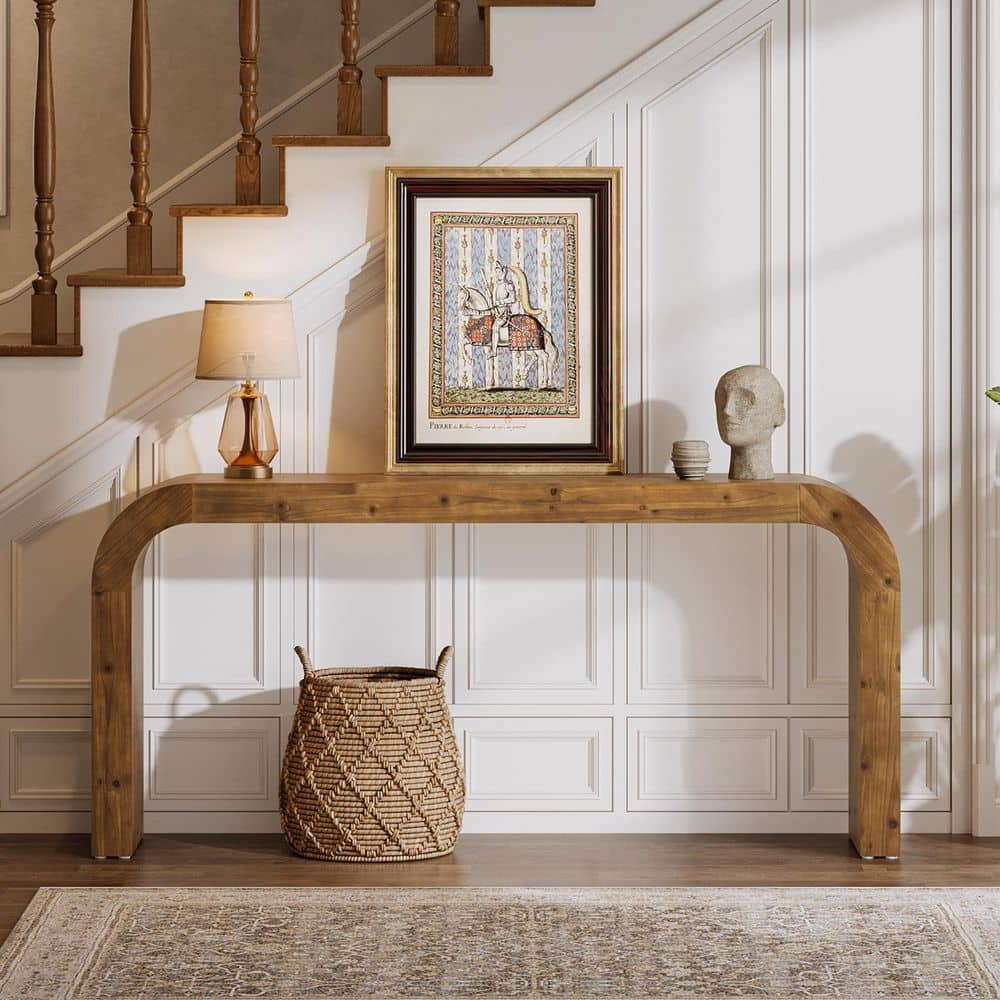 Turrella 70.9 in. Brown Rectangle Sofa Table Solid Wood Arched Console Table for Living Room, Hallway