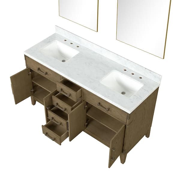 Fossa 60 in W x 22 in D Grey Oak Double Bath Vanity, Carrara Marble Top, and 28 in Mirrors