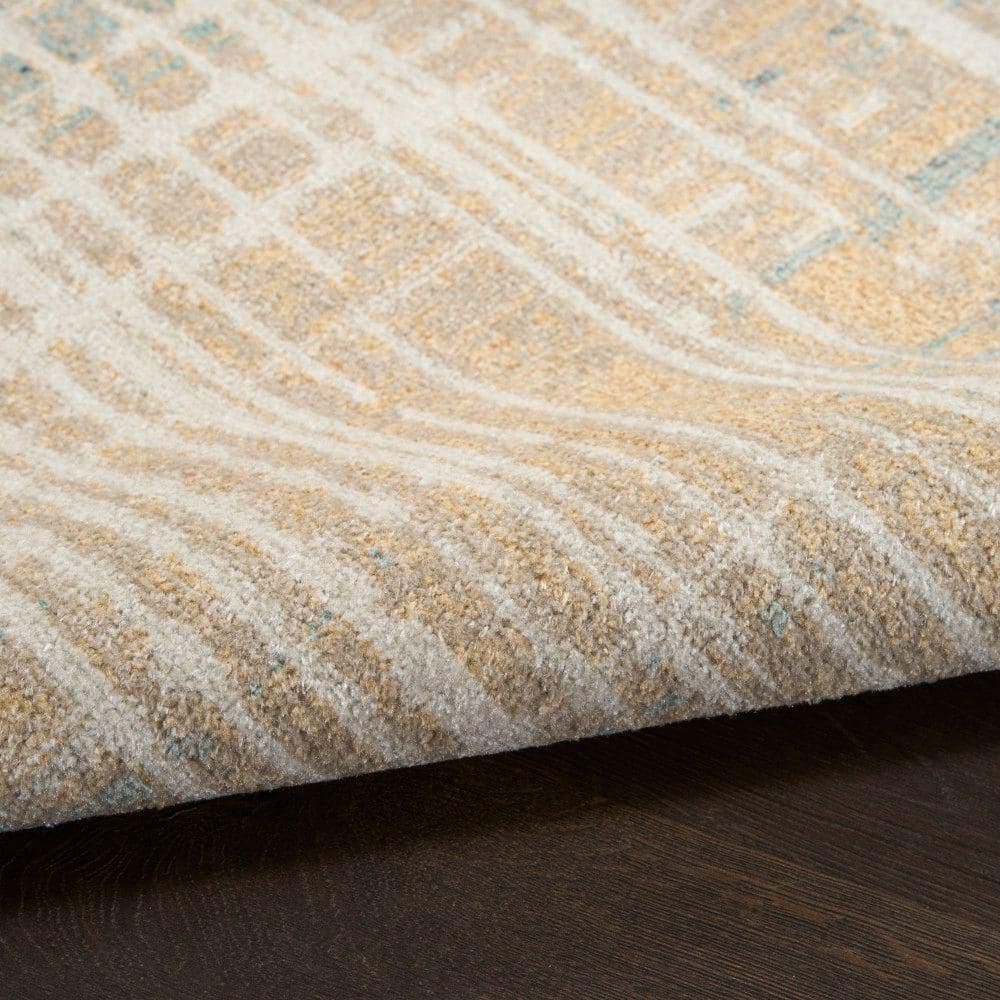 Beige Blue Abstract Polyester Machine Washable Runner Rug