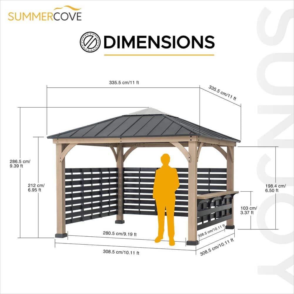 Cameron 11 ft. Cedar Wood Gazebo with Steel Roof and Bar Shelf