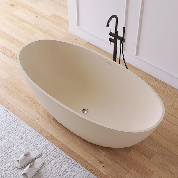 Eaton 65 in. x 30 in. Stone Resin Solid Surface Flatbottom Freestanding Soaking Bathtub in Cream