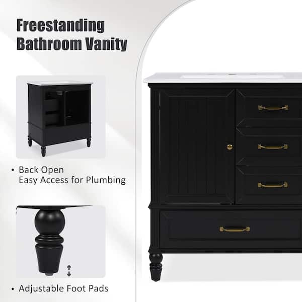Solvane 30 in. Modern Bathroom Black Bath Vanity with White Ceramic Top Sink, Cabinet, Drawers, Solid Wood Legs
