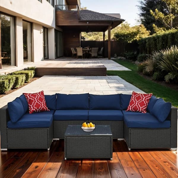 Unbranded 7-Piece Wicker Outdoor Conversation Set with Blue Cushion and Coffee Table