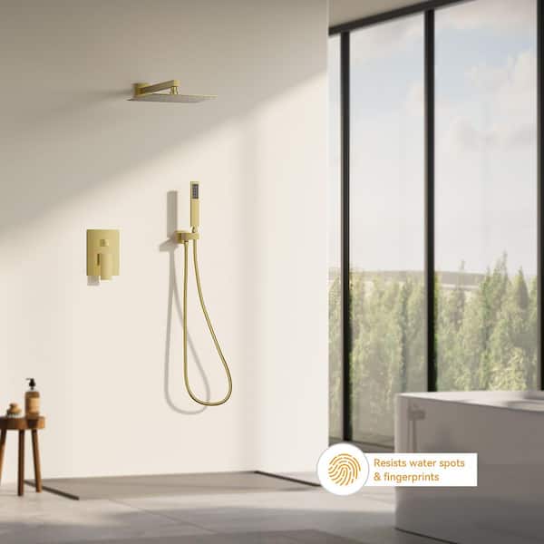 Luxurious Single Handle 2-Spray 10 in. Wall Mount Square Shower Head with Hand Shower Faucet in Brushed Gold