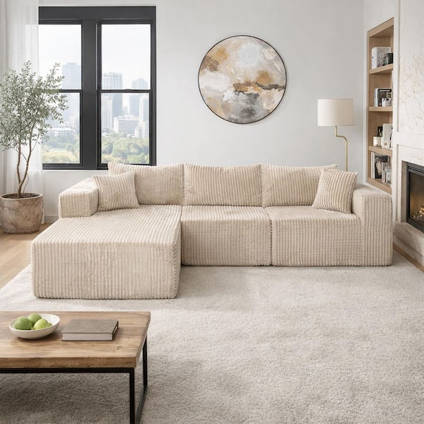 110 in. W Modular Cloud Sectional Sofa with Chaise, Deep Seat Corduroy Fabric L-Shaped Couch in Beige