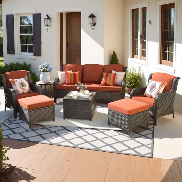 OVIOS Joyoung Brown 6-Piece Wicker Outdoor Patio Conversation Seating Set with Orange Red Cushions