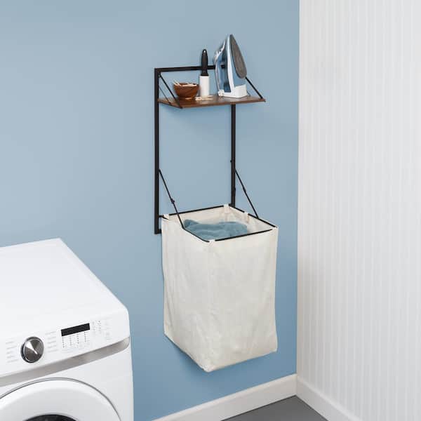 Honey-Can-Do Laundry Room Makeover Black/Walnut Collapsible Melamine/Steel  Hanging Hamper with Shelf HMP-09778 - The Home Depot