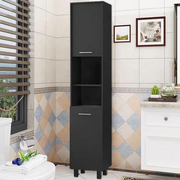 2-Door Black Pantry Cabinet, with 2 2-Cabinet Spaces and 2 Open Shelves