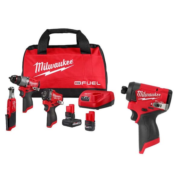 M12 FUEL 12V Lithium-Ion Cordless Drill Driver, Impact Wrench, and Ratchet Combo Kit (4-Tool) w/Batteries, Charger & Bag