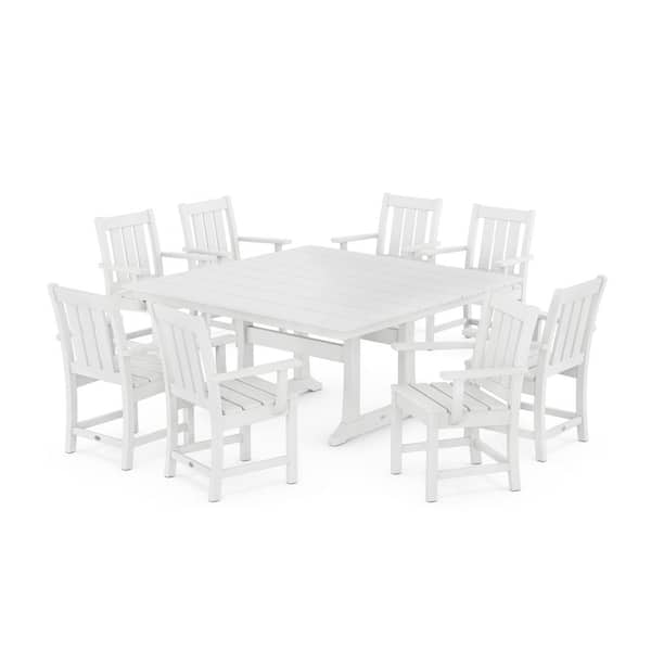 POLYWOOD 9-Piece Oxford Farmhouse Trestle Plastic Square Outdoor Dining Set in White