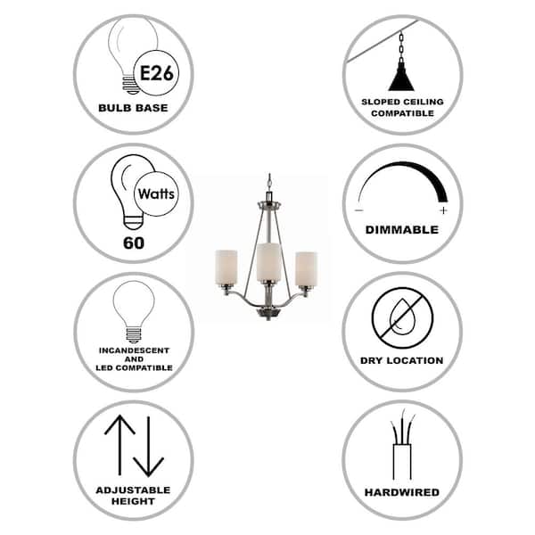 Mod Pod 3-Light Brushed Nickel Candle Chandelier Light Fixture with Frosted Glass Cylinder Shades