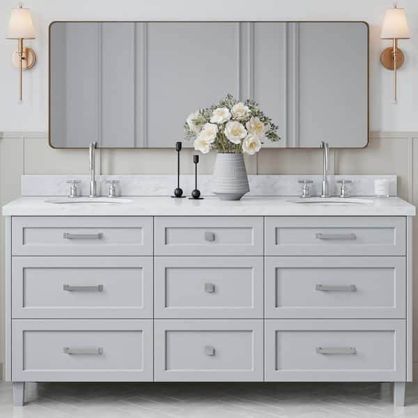 ARIEL Monroe 72 in. Double Sink Freestanding Bathroom Vanity in Gray with Carrara White Marble Top