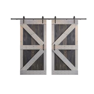 K Series 84 in. x 84 in. Carbon Grey/Light Grey Knotty Pine Wood Double Sliding Barn Door with Hardware Kit