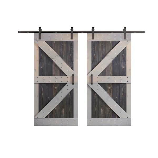 COAST SEQUOIA INC K Series 84 in. x 84 in. Carbon Grey/Light Grey Knotty Pine Wood Double Sliding Barn Door with Hardware Kit