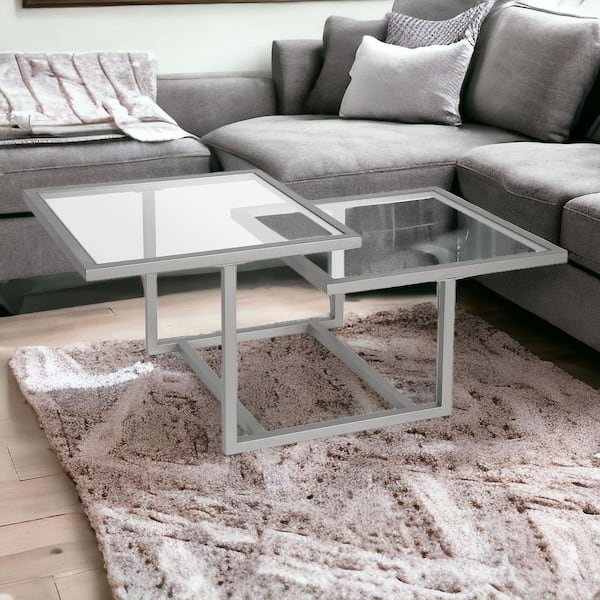 HomeRoots 43 in. Silver Square Glass Coffee Table with Shelves Storage