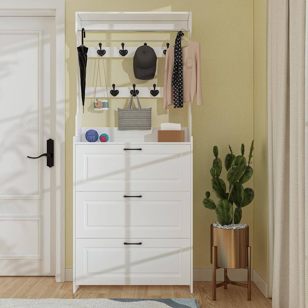 FUFU&GAGA White Wood 3in1 Hall Tree Coat Rack Storage Shoe