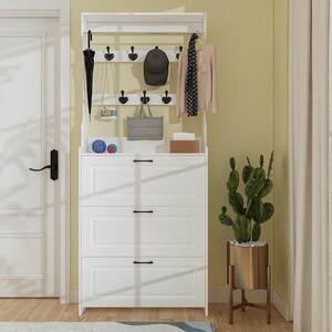 White Wood 3-in-1 Hall Tree Coat Rack Storage Shoe Cabinet With 7-Metal Hooks and 3-Drawers