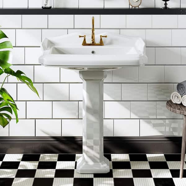 23 in. White Vitreous China Rectangular Pedestal Bathroom Sink with 4 in. Centerset Faucet Holes and Overflow