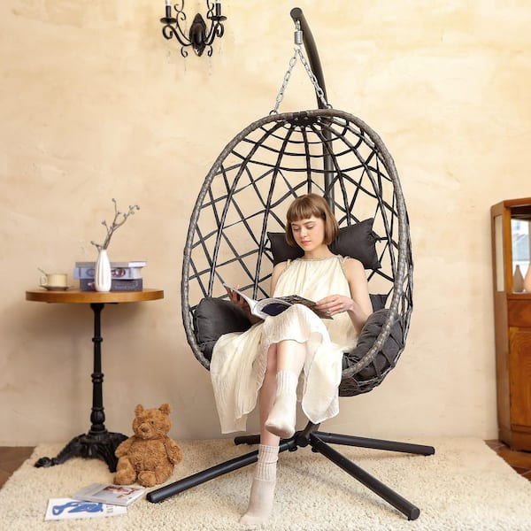 1-Person Wicker Patio Swing Egg Chair with Stand and Gray Cushion