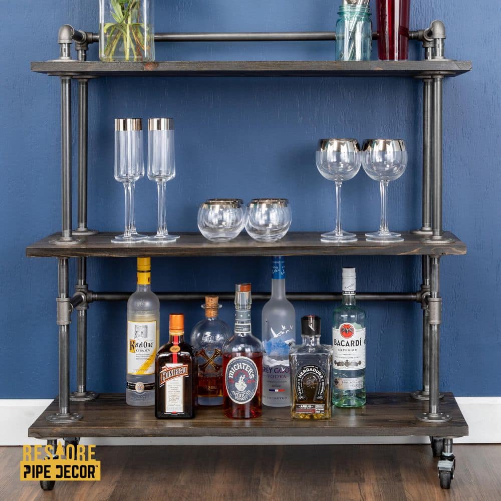 Industrial Black Wood and Steel 3-Tier Bar Cart with Wheels